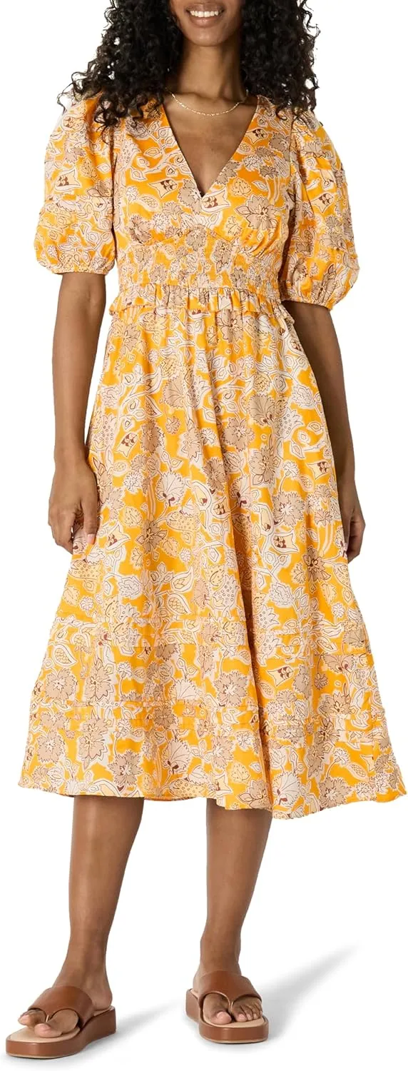 Amazon Essentials Women's Regular-Fit Cotton Sateen Puff Sleeve Midi Dress