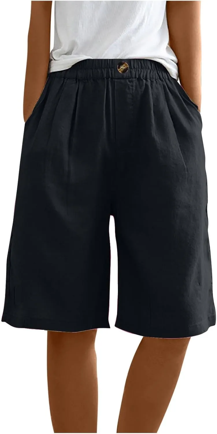 Bermuda Shorts for Women 2025 Casual Mid Rise Knee Length Wide Leg Comfy Long Linen Shorts with Pocket