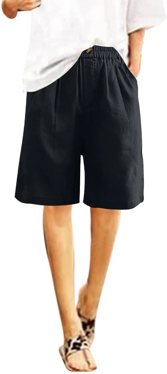 Bermuda Shorts for Women 2025 Casual Mid Rise Knee Length Wide Leg Comfy Long Linen Shorts with Pocket