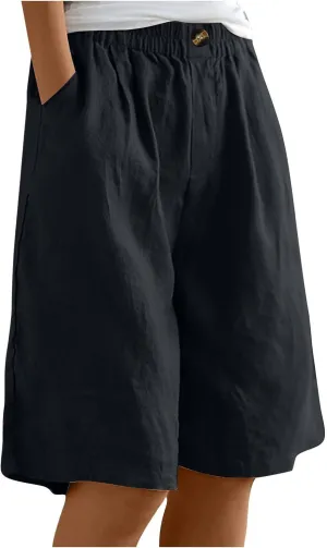 Bermuda Shorts for Women 2025 Casual Mid Rise Knee Length Wide Leg Comfy Long Linen Shorts with Pocket