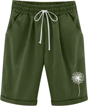Bermuda Shorts for Women Knee Length Cotton Linen Elastic Waist Drawstring Shorts Summer Capris Pants with Pockets