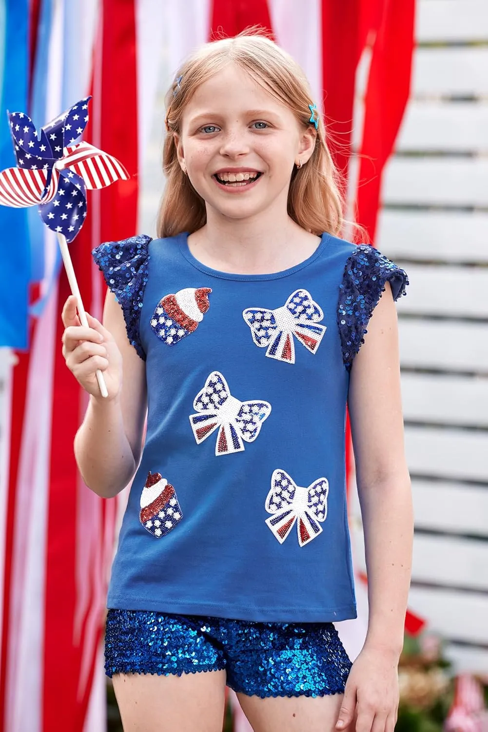 BesserBay Girls 4th of July Sequin Ruffle Sleeve Tank Top Crew Neck Red White Blue Shirt 4-12 Years