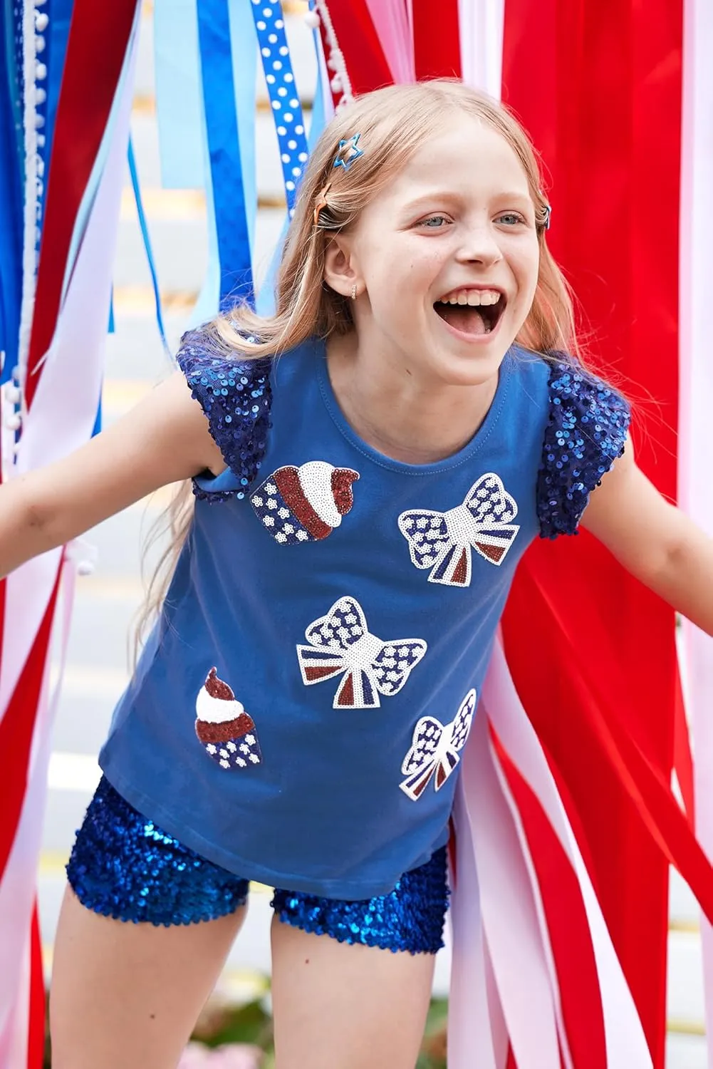 BesserBay Girls 4th of July Sequin Ruffle Sleeve Tank Top Crew Neck Red White Blue Shirt 4-12 Years