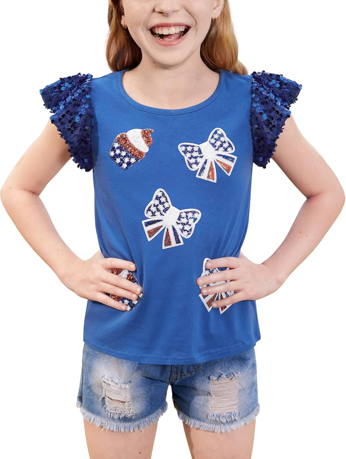 BesserBay Girls 4th of July Sequin Ruffle Sleeve Tank Top Crew Neck Red White Blue Shirt 4-12 Years