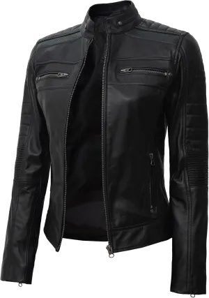 Blingsoul Disc Lambskin Black Leather Jackets For Women | [1313723] Cafe Racer Black, M