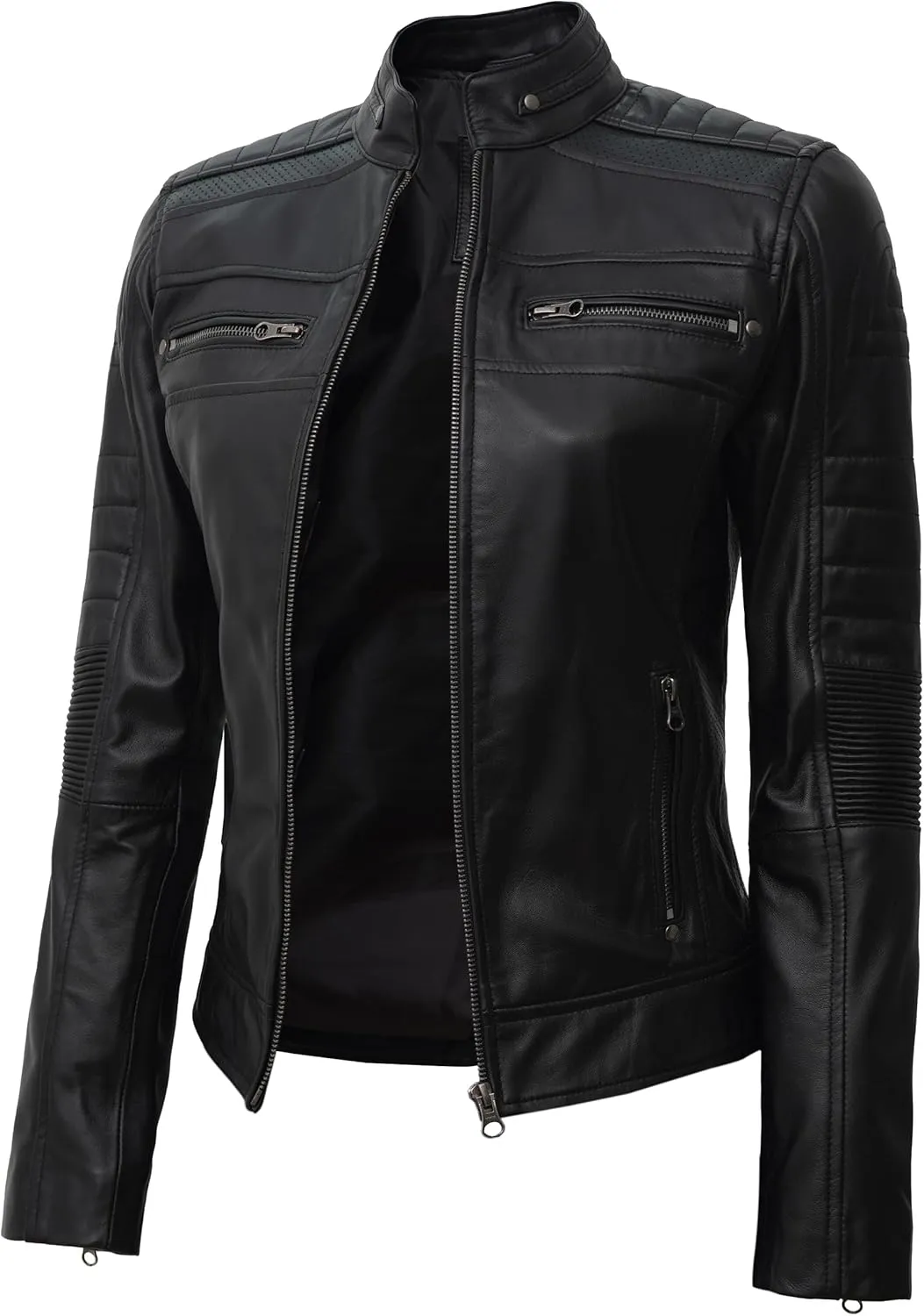 Blingsoul Disc Lambskin Black Leather Jackets For Women | [1313723] Cafe Racer Black, M