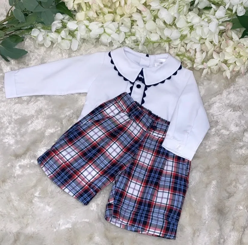 Blue and red checkered shorts with traditional shirt