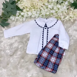 Blue and red checkered shorts with traditional shirt