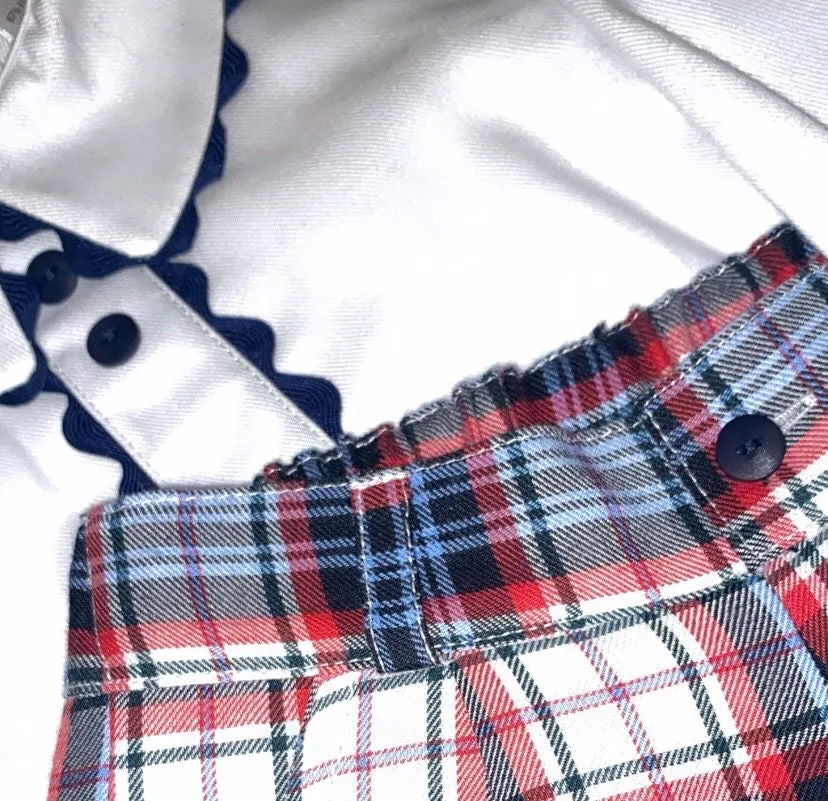 Blue and red checkered shorts with traditional shirt