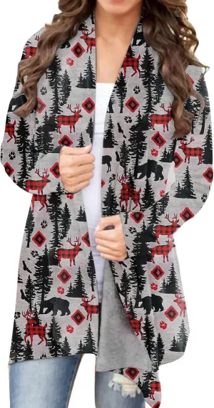 BOUTIKOME Christmas Cardigan for Women Ugly Xmas Tree Sweater Long Sleeve Shirt Front Open Front Plus Size Holiday Tops