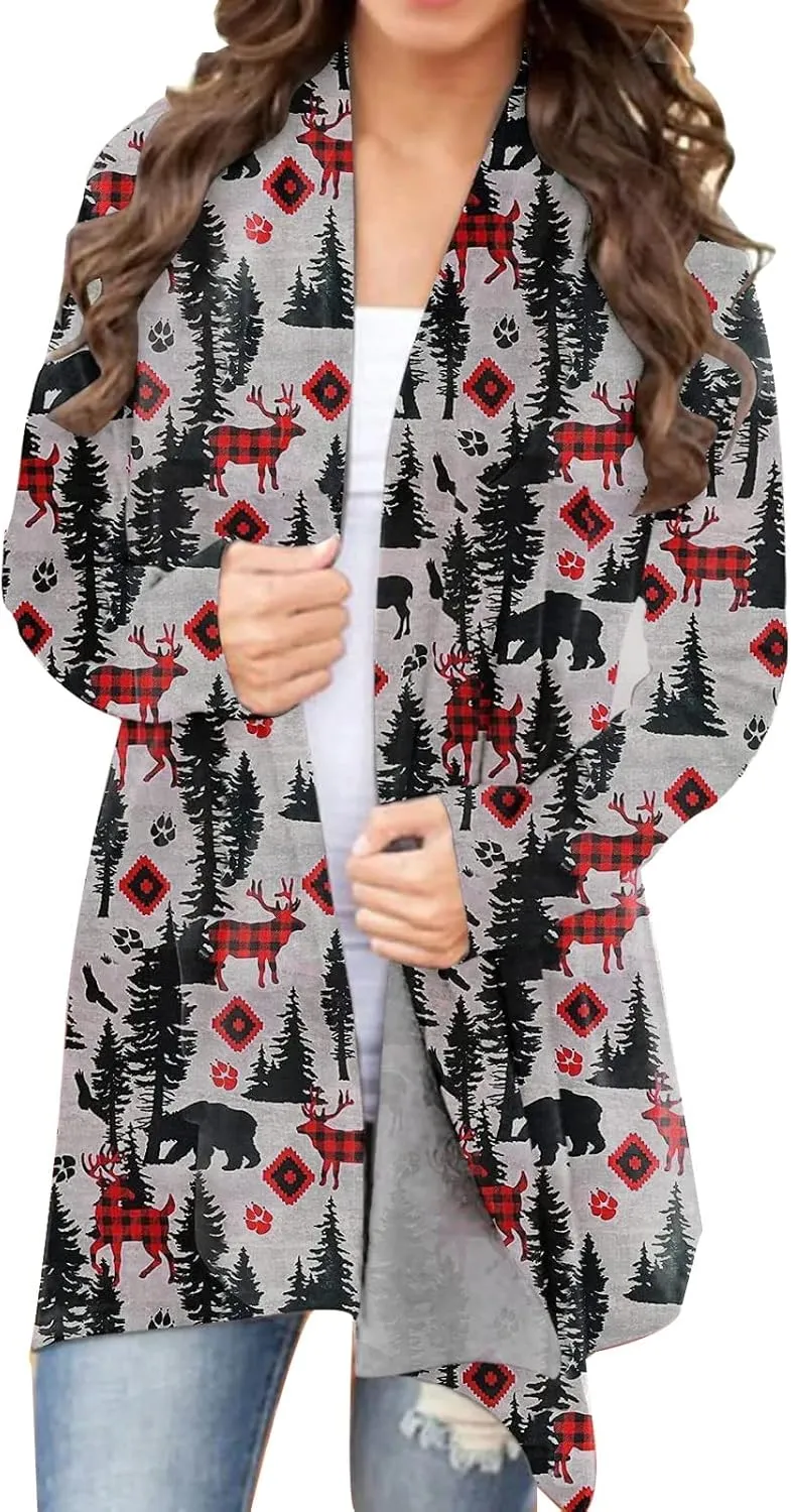 BOUTIKOME Christmas Cardigan for Women Ugly Xmas Tree Sweater Long Sleeve Shirt Front Open Front Plus Size Holiday Tops