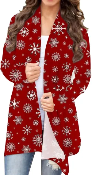 BOUTIKOME Christmas Cardigan for Women Ugly Xmas Tree Sweater Long Sleeve Shirt Front Open Front Plus Size Holiday Tops