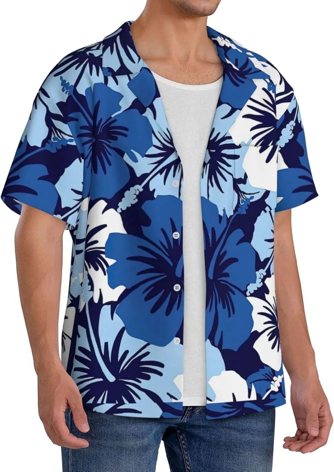 BREAUX Blue Hibiscus Print Men's Fashionable Cuban Collar Shirts for Tropical Parties and Casual Occasions