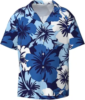 BREAUX Blue Hibiscus Print Men's Fashionable Cuban Collar Shirts for Tropical Parties and Casual Occasions