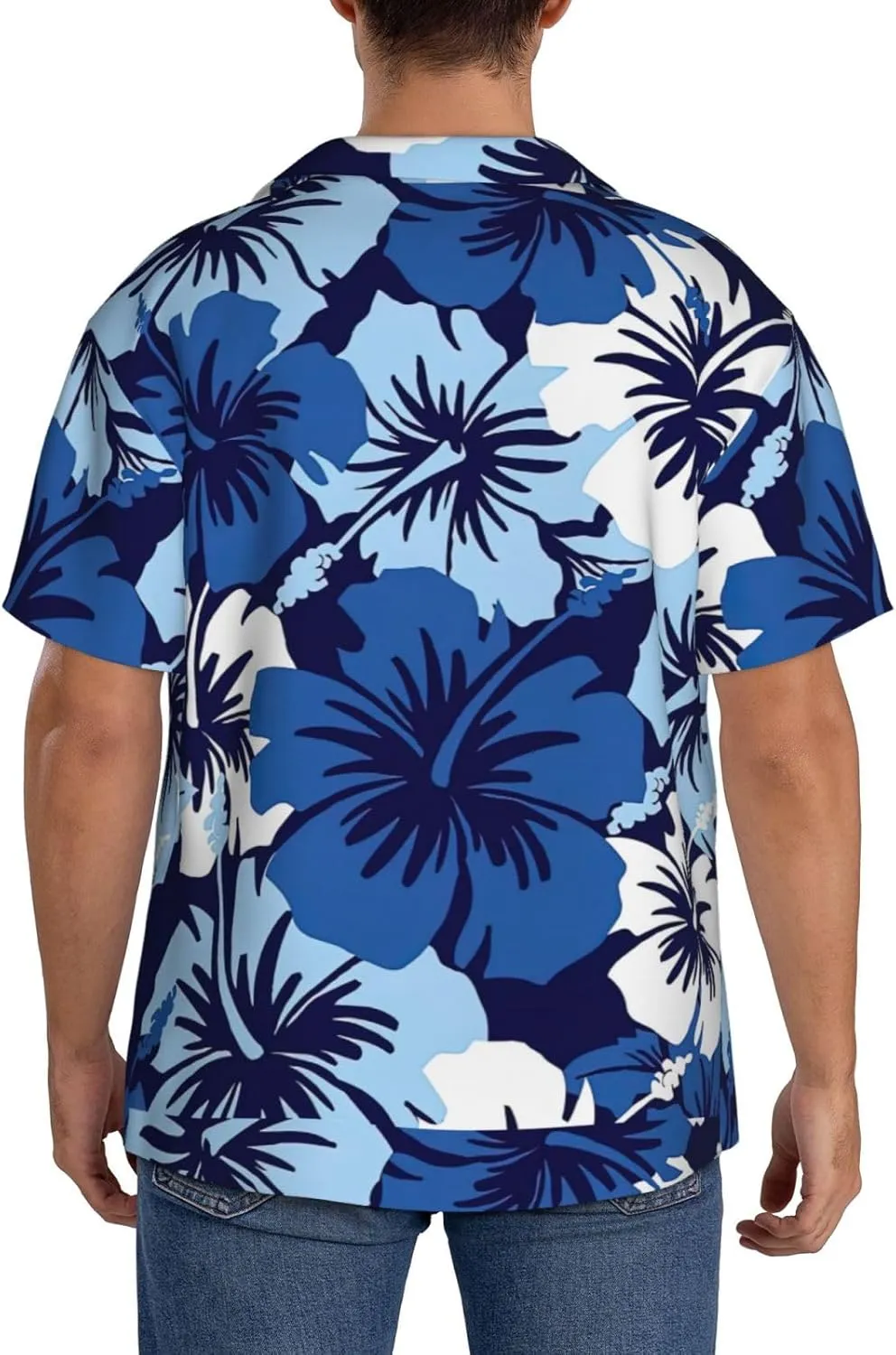 BREAUX Blue Hibiscus Print Men's Fashionable Cuban Collar Shirts for Tropical Parties and Casual Occasions