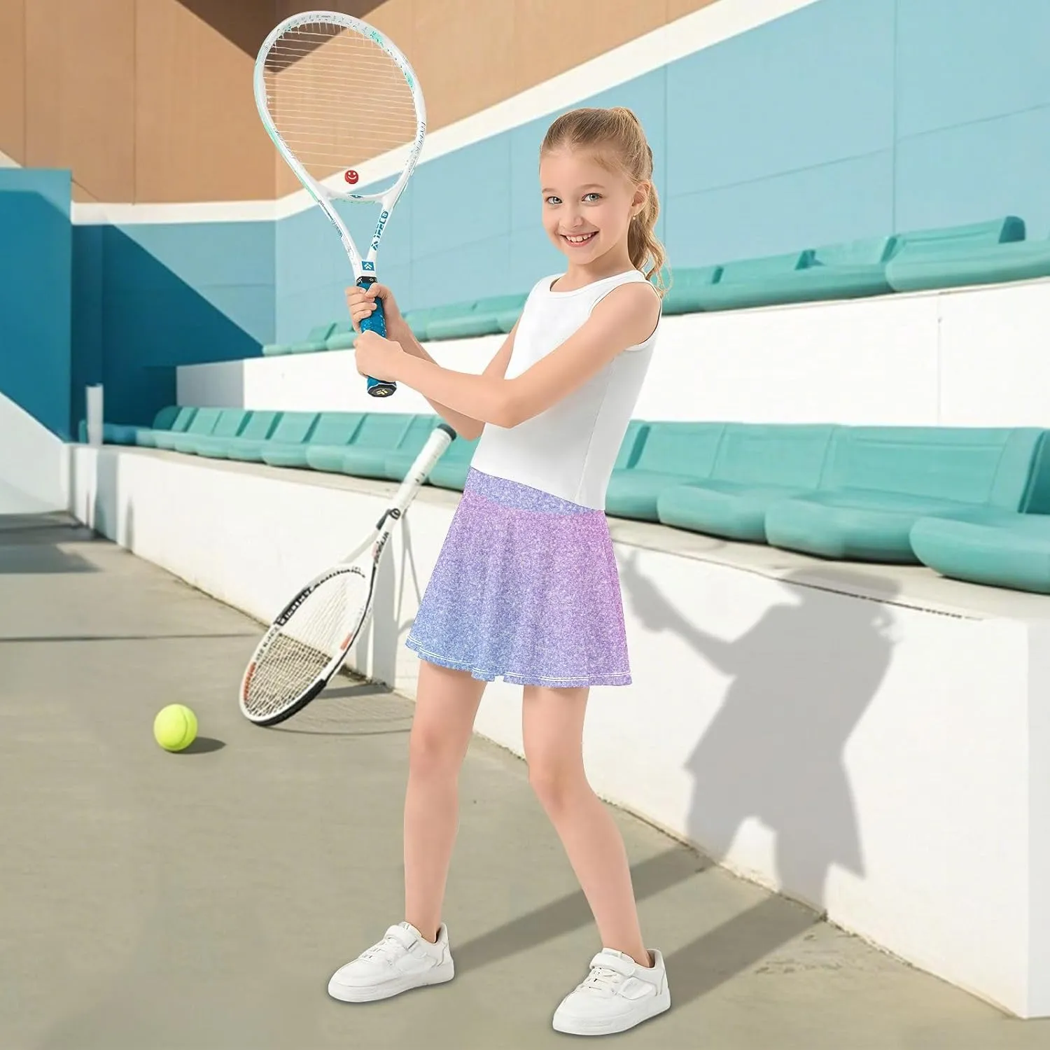 CHIFIGNO Pink Blue Gradient Youth Stretchy Tennis Skirt, Breathable Preppy for Back-to-School Outfits Age 3-4