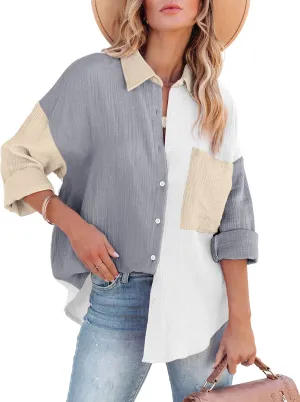 Davenil Women Button Down Shirts Cotton Linen Casual Collar Blouses