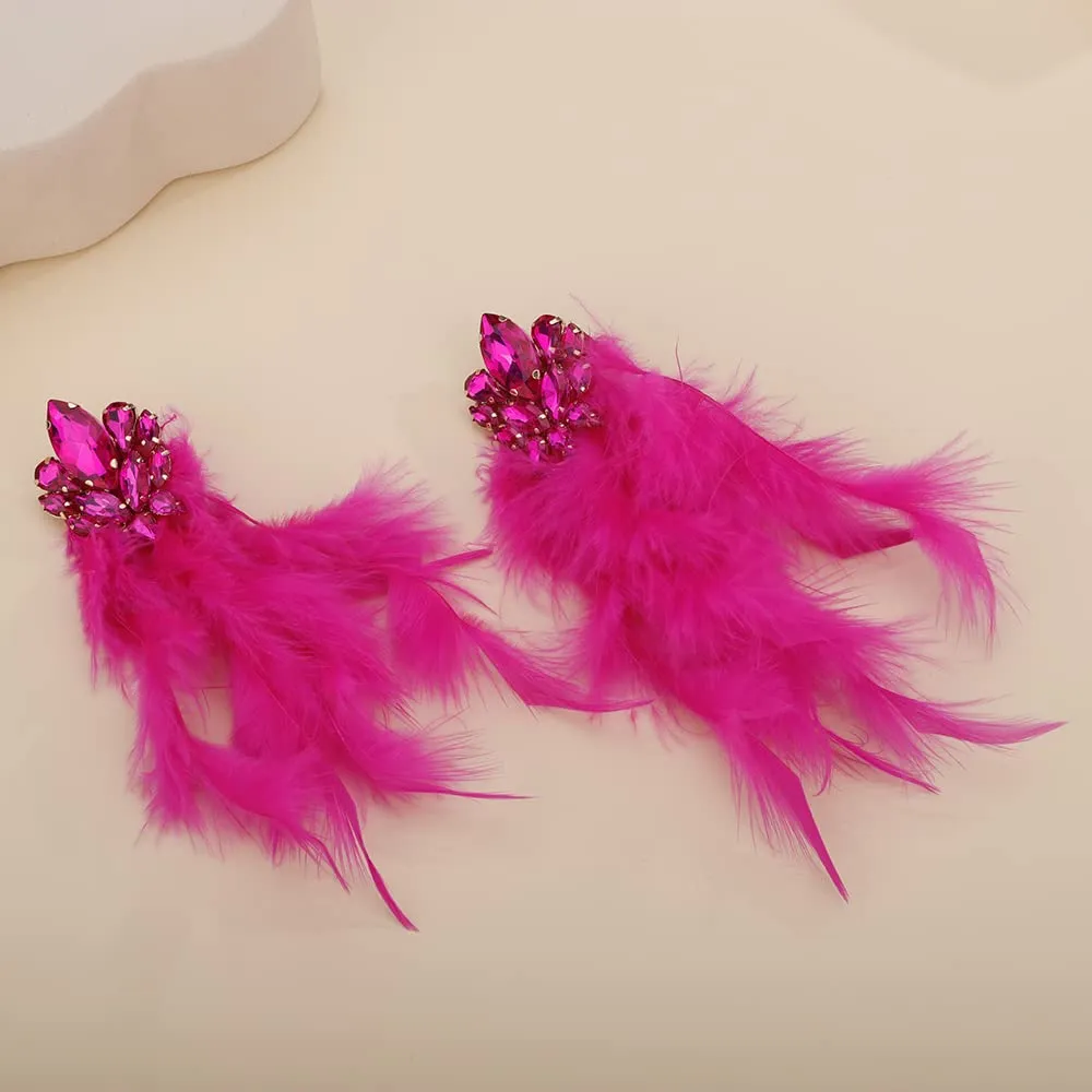 Denifery Long Feather Earrings Bohemian Earrings Multicolor Tassel Handmade Feather Earrings Dangling Earrings for Women (Rose Red)