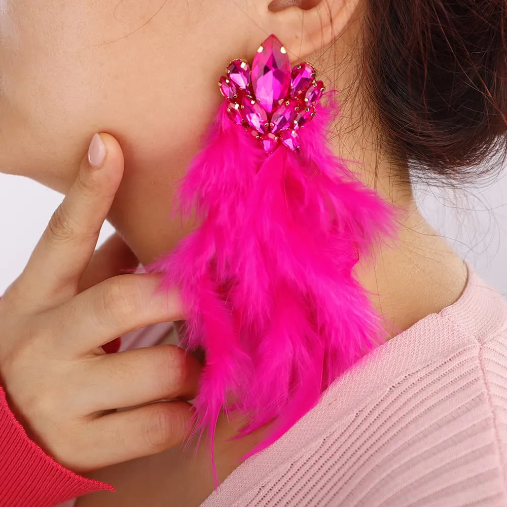 Denifery Long Feather Earrings Bohemian Earrings Multicolor Tassel Handmade Feather Earrings Dangling Earrings for Women (Rose Red)