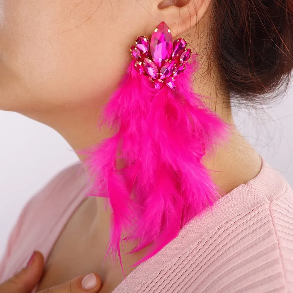 Denifery Long Feather Earrings Bohemian Earrings Multicolor Tassel Handmade Feather Earrings Dangling Earrings for Women (Rose Red)