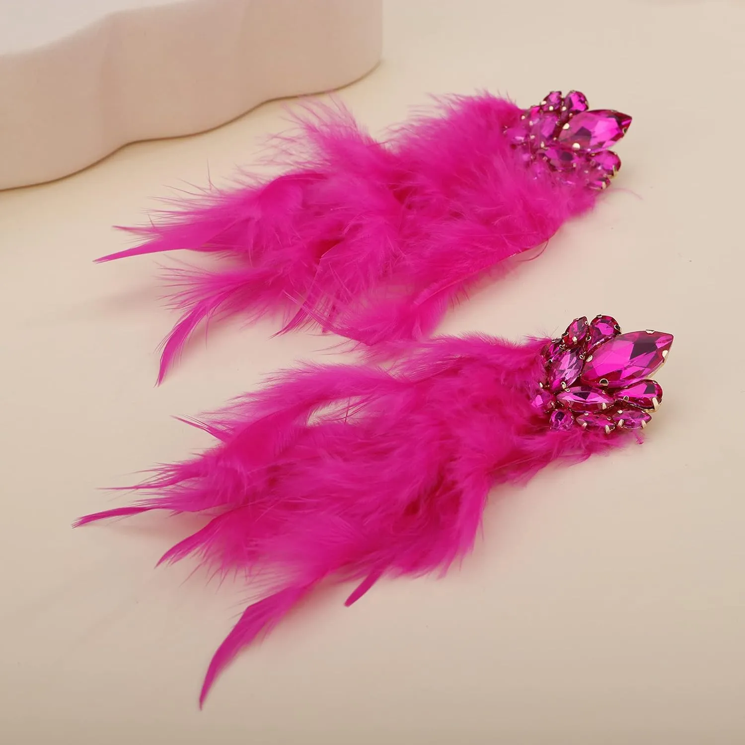 Denifery Long Feather Earrings Bohemian Earrings Multicolor Tassel Handmade Feather Earrings Dangling Earrings for Women (Rose Red)