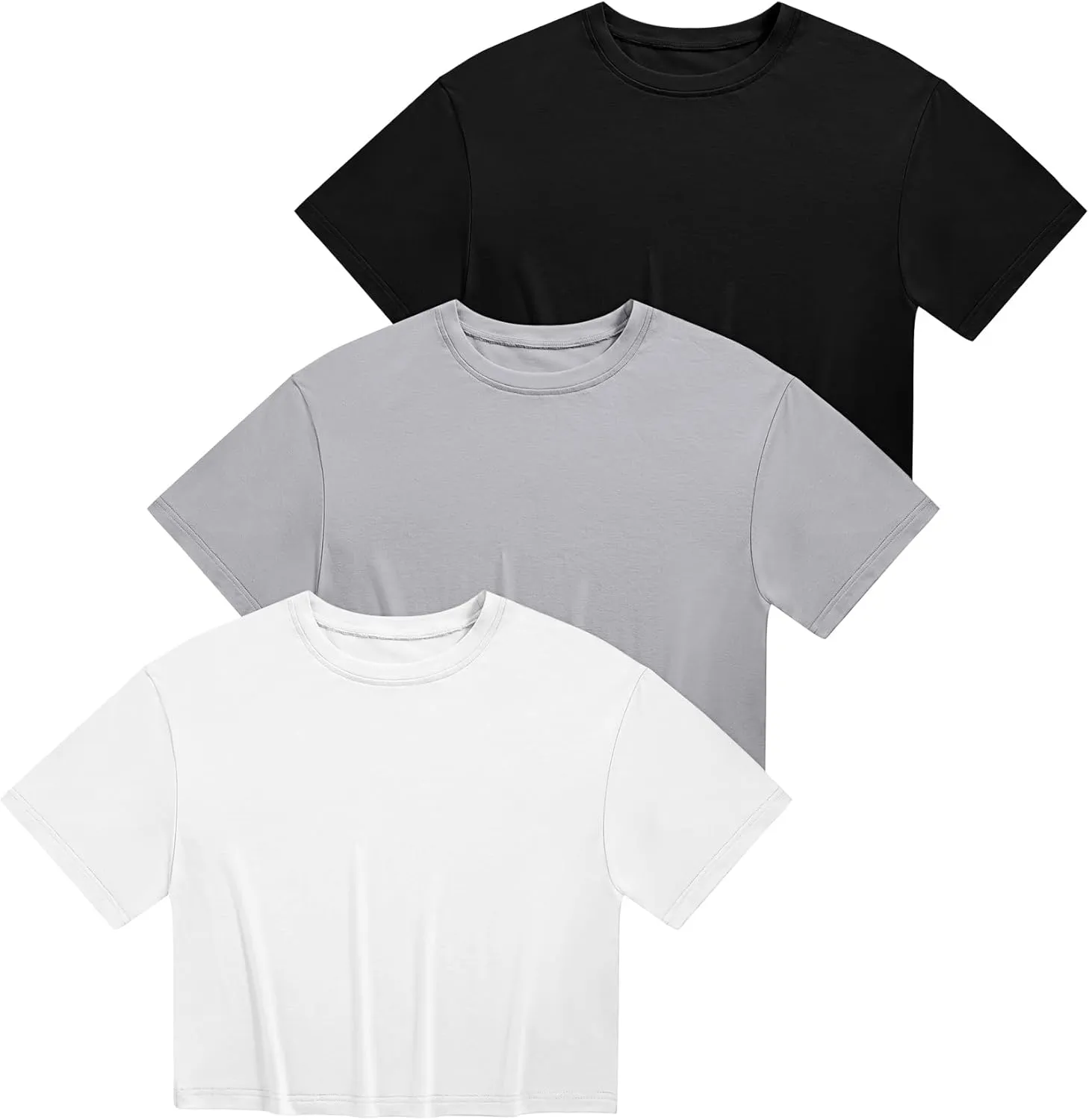 Ficerd 3 Pack Women Crop Tops Half Sleeve Cropped T Shirts Casual Crew Neck Drop Shoulder Loose Summer Solid Color