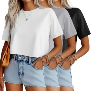 Ficerd 3 Pack Women Crop Tops Half Sleeve Cropped T Shirts Casual Crew Neck Drop Shoulder Loose Summer Solid Color
