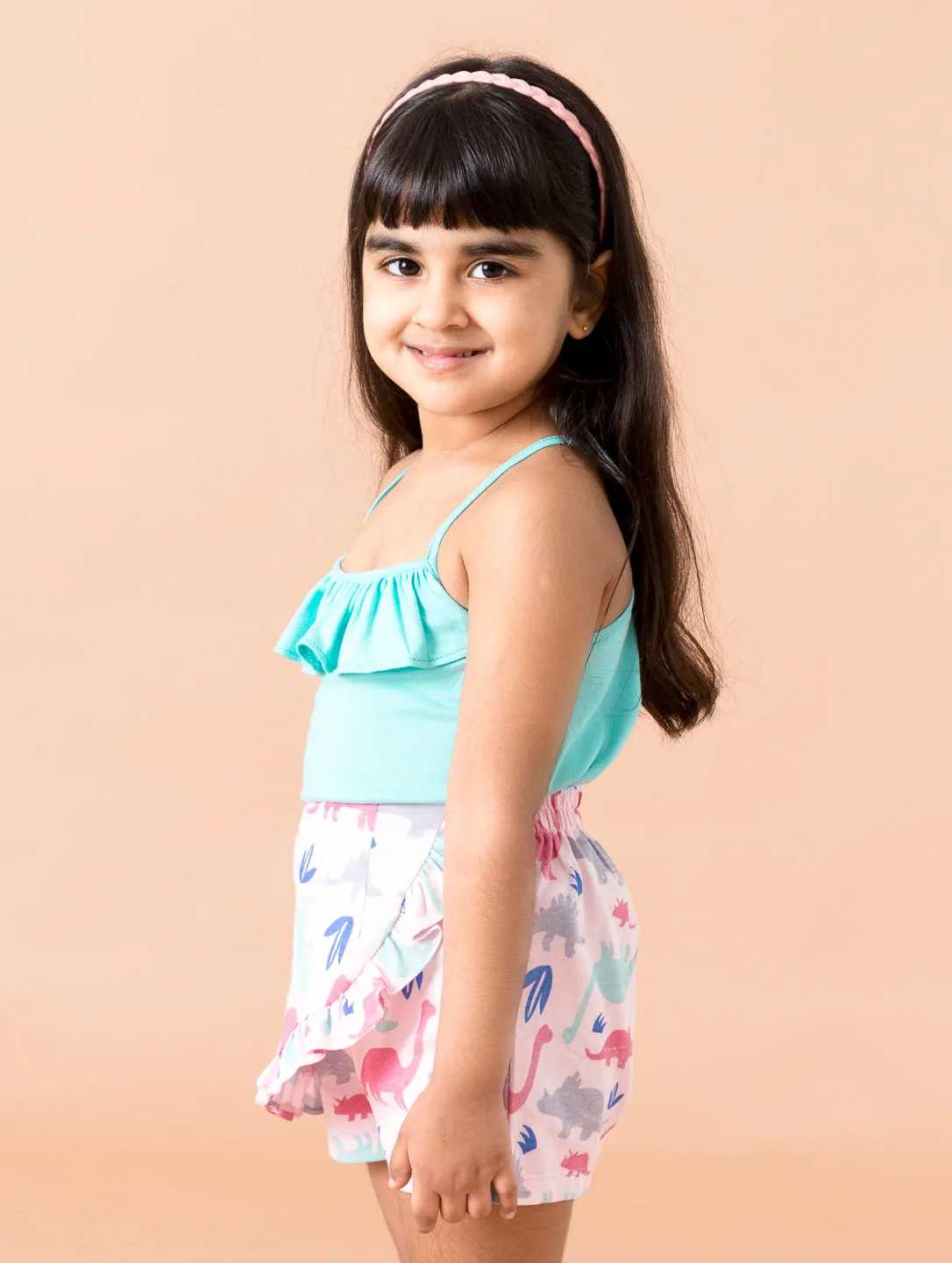 Girls Blues Pink Printed Top With Shorts