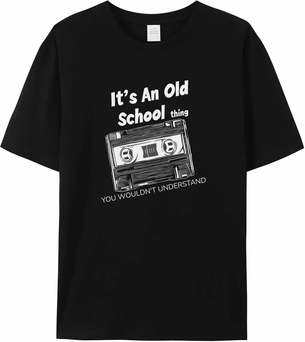 Graphic Men's T-Shirt Vintage Hand-Painted Tape Printed Cotton Top Short Sleeve S Black Basic Casual Tee