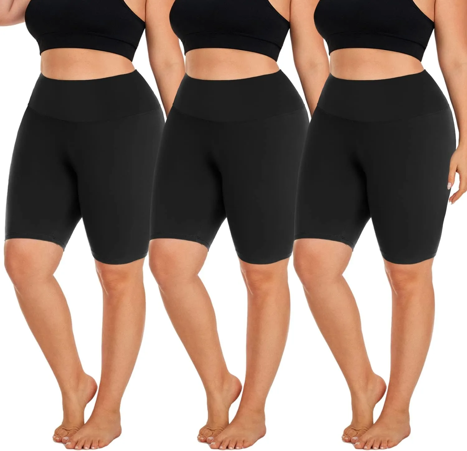Hi Clasmix 3 Pack Plus Size Biker Shorts for Women(1X-4X)-High Waisted Non-See Through Workout Super Soft Black Yoga Shorts