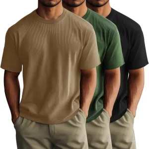 Huukeay 3 Pack Men's T-Shirts Crewneck Short Sleeve Shirts Ribbed Knit Tees Dressy Casual Tops