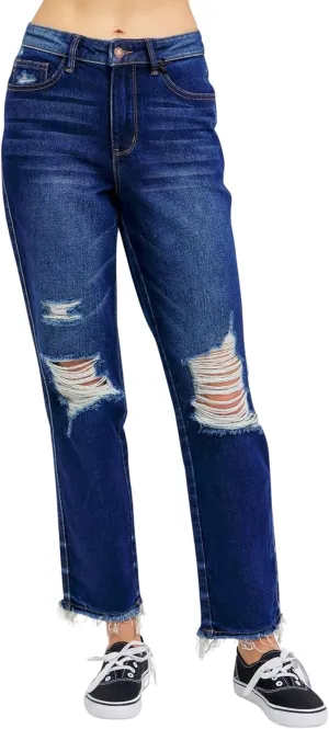 Judy Blue Women's High Waist Rigid Magic Heavy Destroy Straight Jeans
