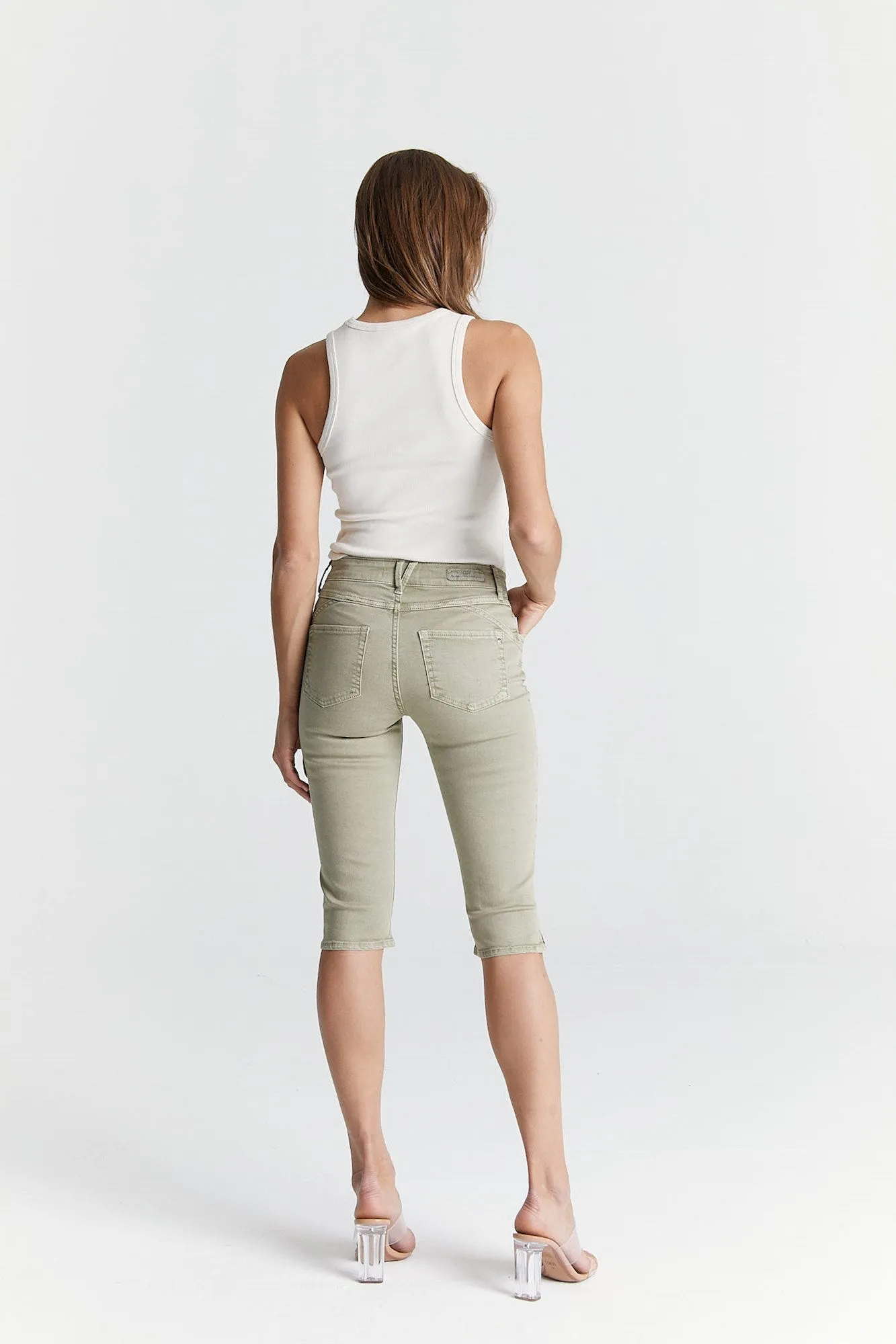Karen Mid Waist 5 Pocket Capri Light Khaki