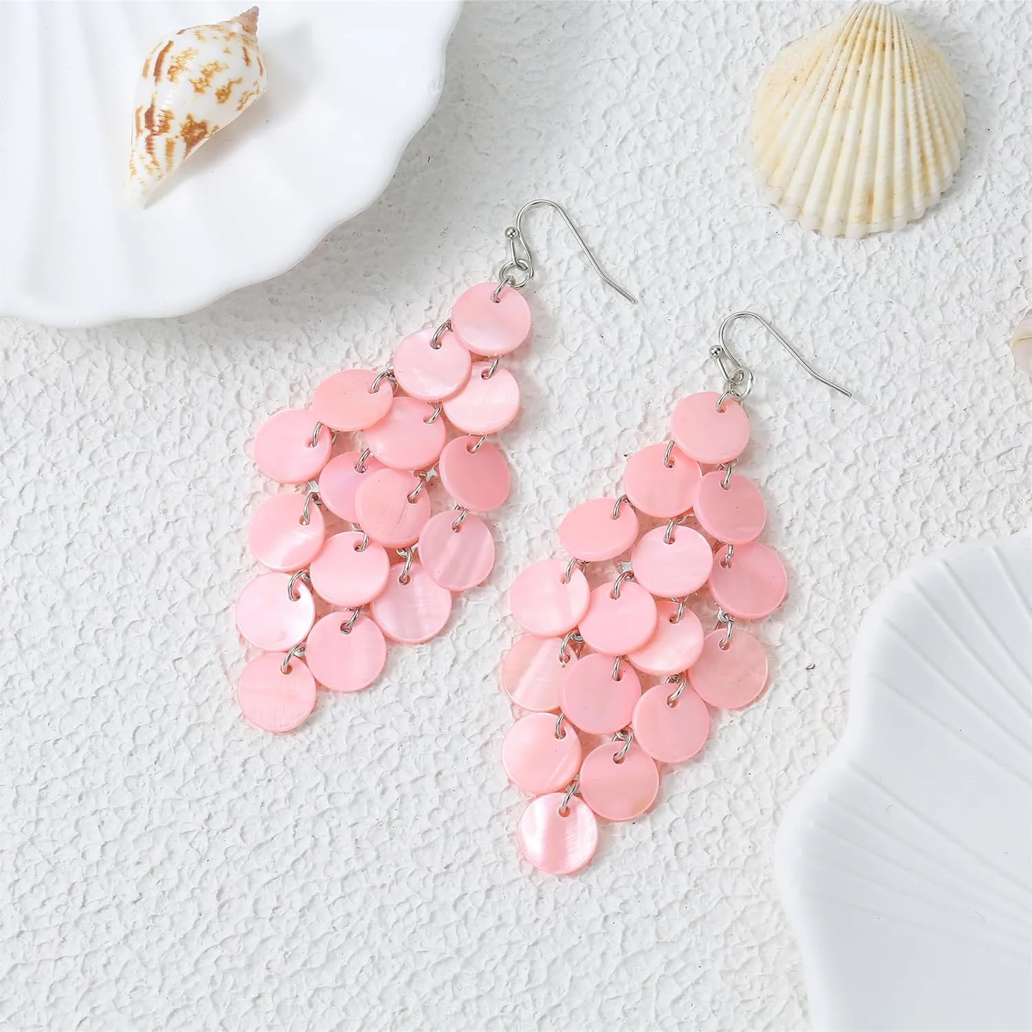 Layered Dangling Shell Disc Beads Earring Handmade Multi Colorful Orange Red Blue Drop Chandelier Earring for Women