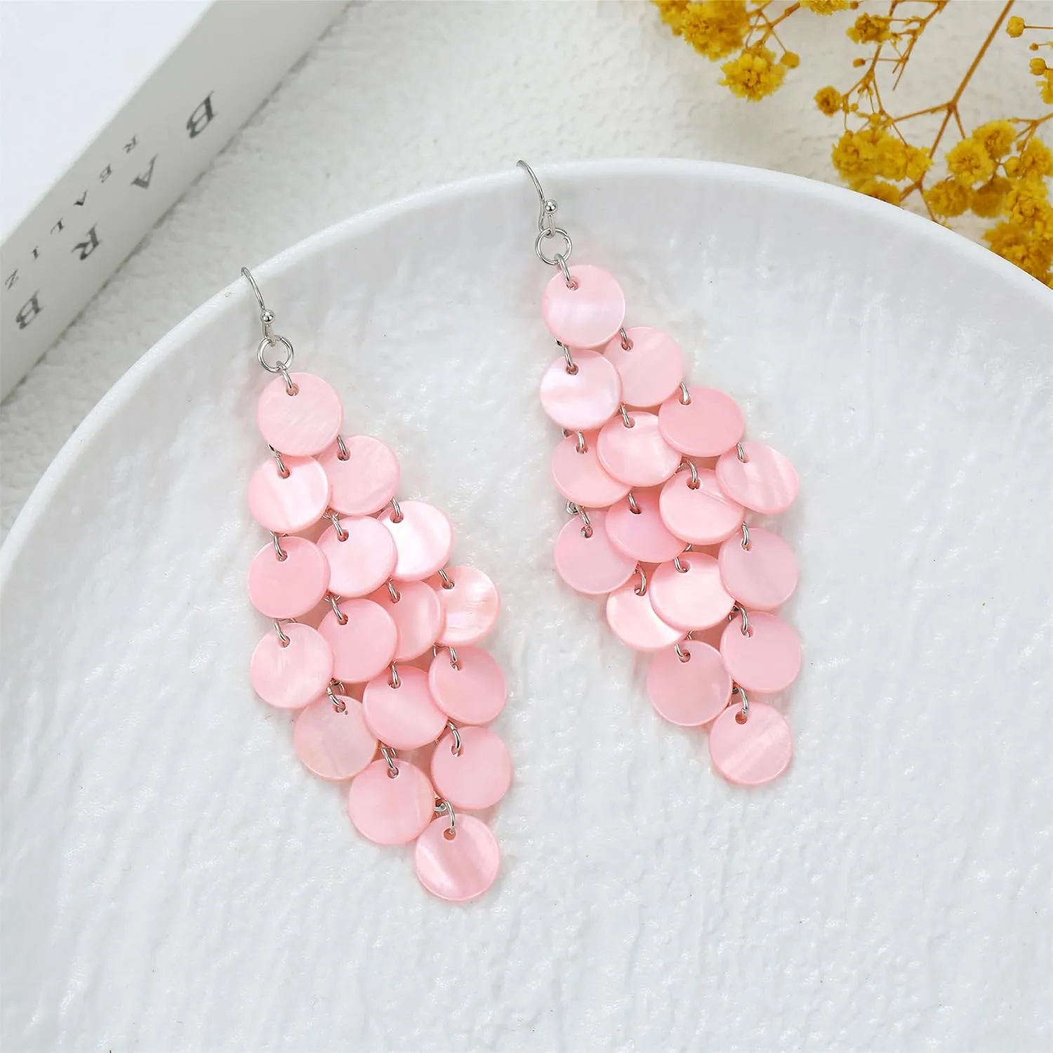 Layered Dangling Shell Disc Beads Earring Handmade Multi Colorful Orange Red Blue Drop Chandelier Earring for Women