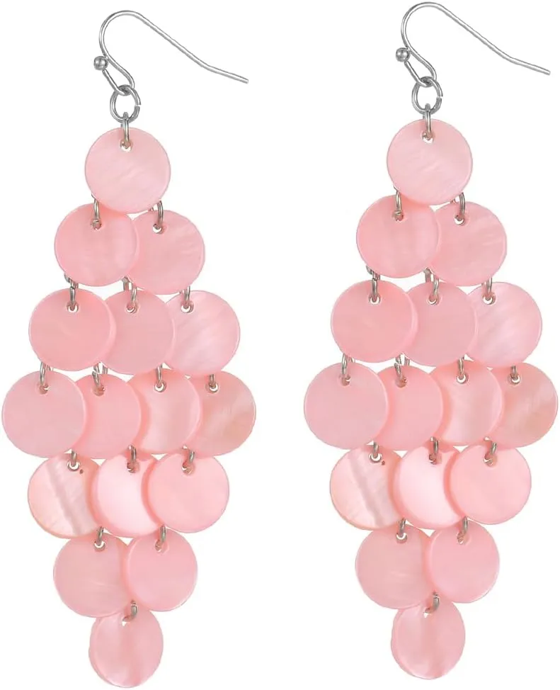 Layered Dangling Shell Disc Beads Earring Handmade Multi Colorful Orange Red Blue Drop Chandelier Earring for Women