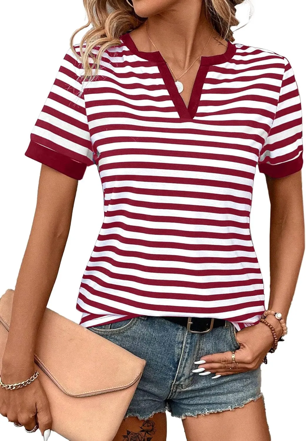 LilyCoco Women's Striped Shirt Short Sleeve Color Block Tops Notched Neck Summer Tee