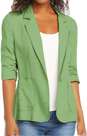 Linen Blazer Women Summer Lightweight 3/4 Sleeve Jacket Dressy Open Front Cardigan Business Casual Work Outfits