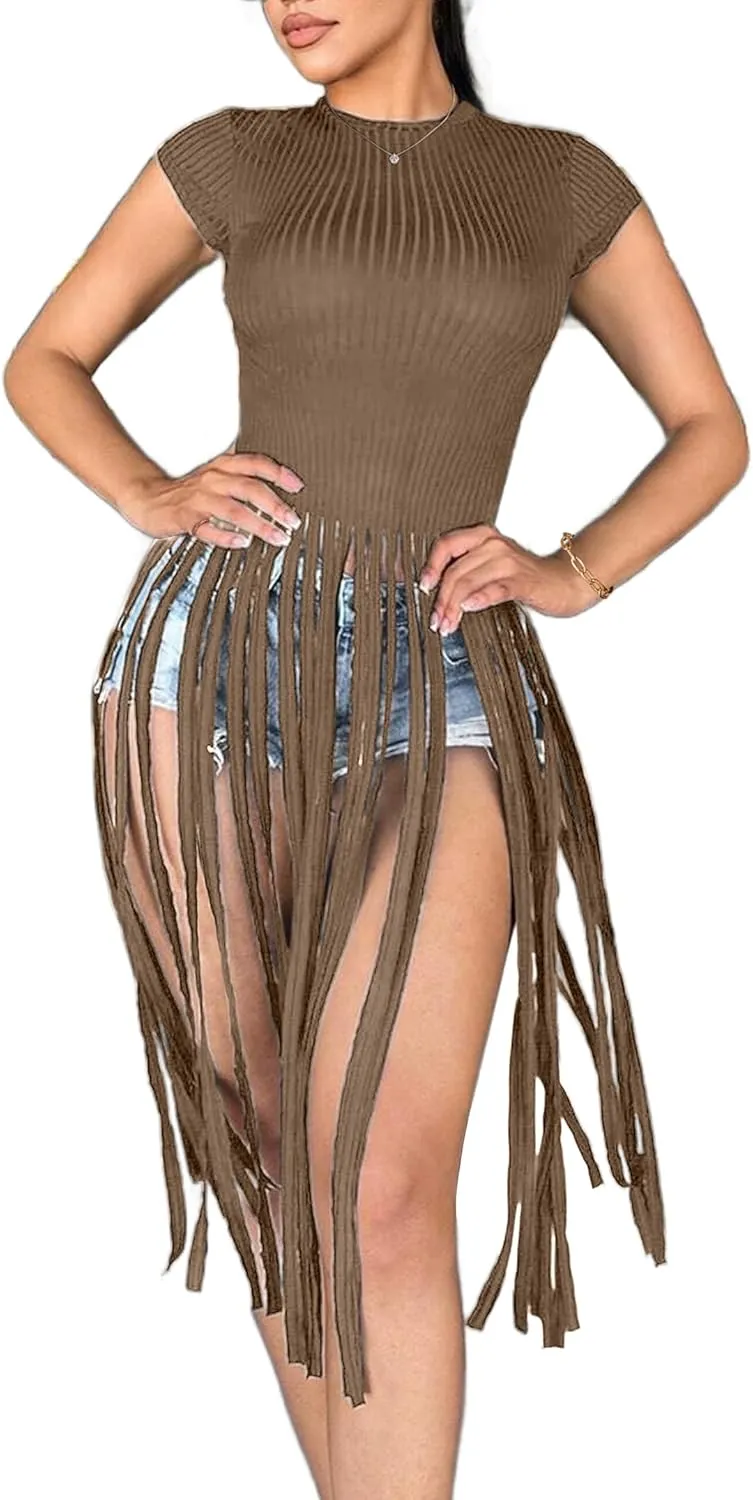 LovelyWholesale Women Sexy Cap Sleeve Fringe Tops Ribbed Knit Short Sleeve T Shirt