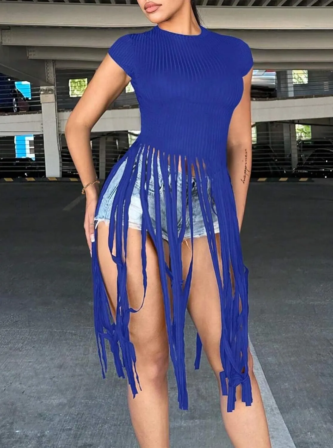 LovelyWholesale Women Sexy Cap Sleeve Fringe Tops Ribbed Knit Short Sleeve T Shirt