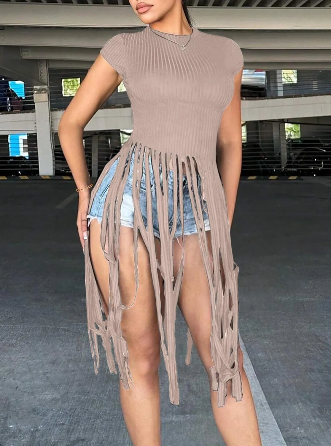 LovelyWholesale Women Sexy Cap Sleeve Fringe Tops Ribbed Knit Short Sleeve T Shirt