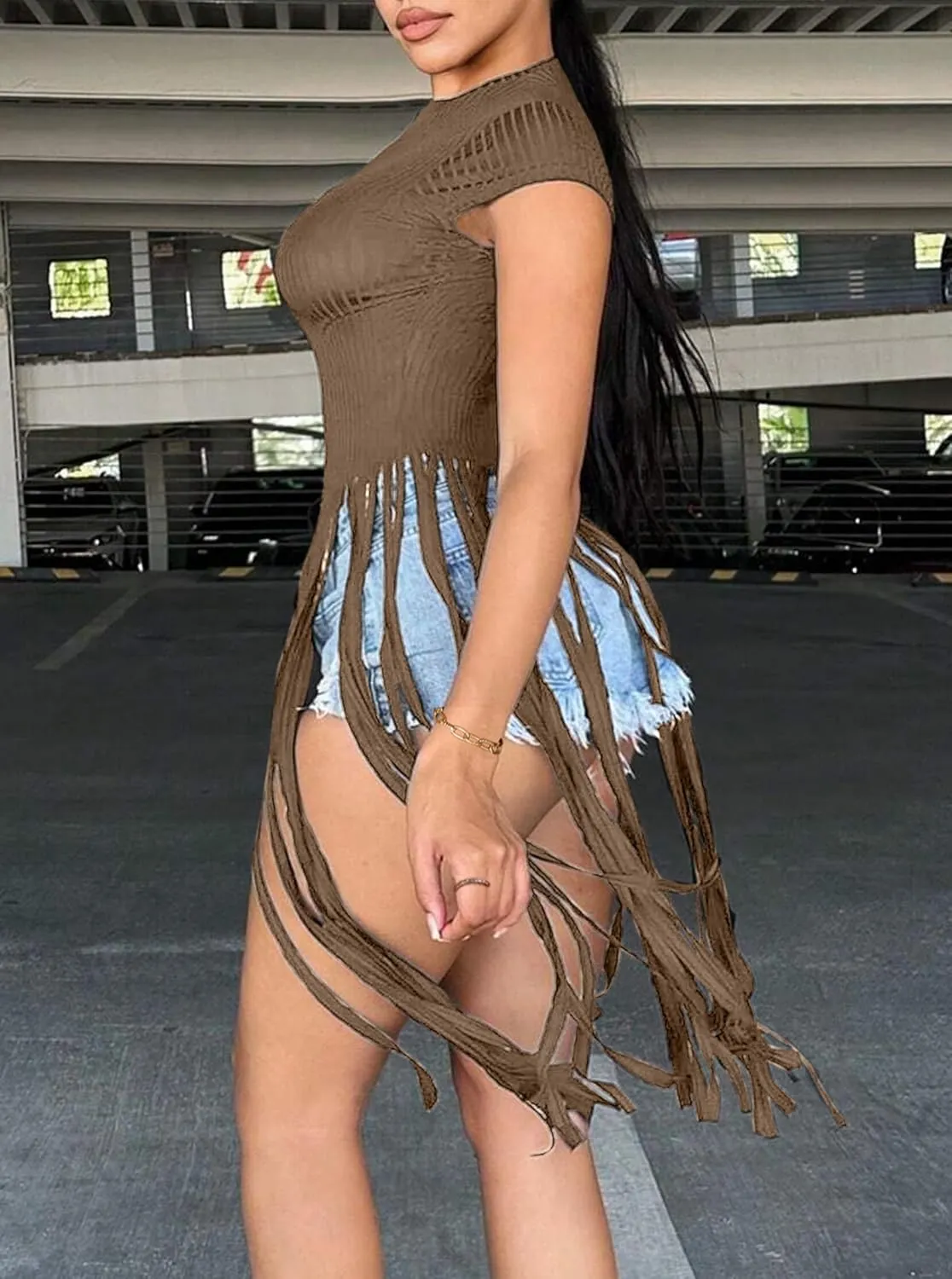 LovelyWholesale Women Sexy Cap Sleeve Fringe Tops Ribbed Knit Short Sleeve T Shirt