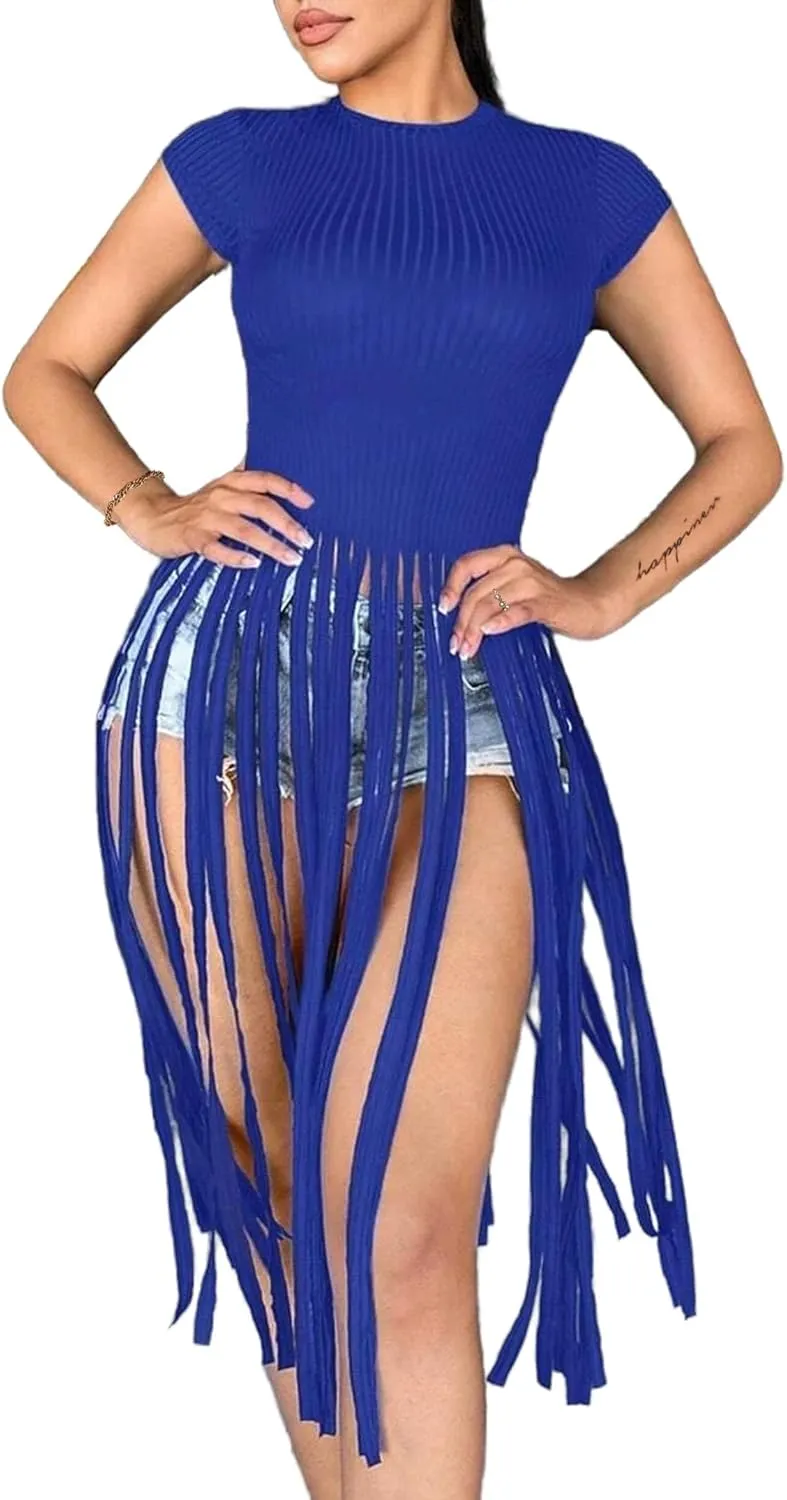 LovelyWholesale Women Sexy Cap Sleeve Fringe Tops Ribbed Knit Short Sleeve T Shirt