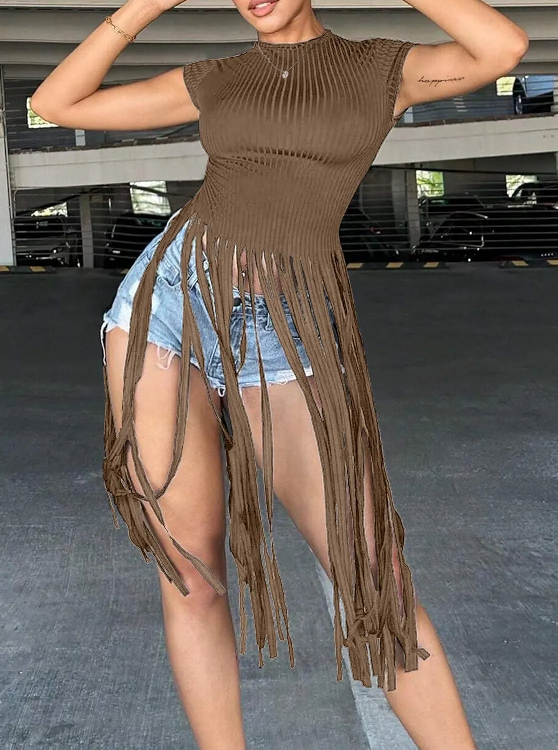 LovelyWholesale Women Sexy Cap Sleeve Fringe Tops Ribbed Knit Short Sleeve T Shirt