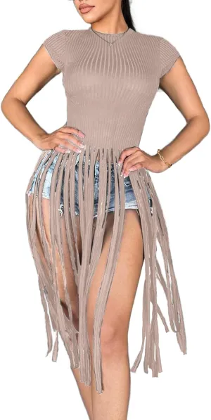 LovelyWholesale Women Sexy Cap Sleeve Fringe Tops Ribbed Knit Short Sleeve T Shirt