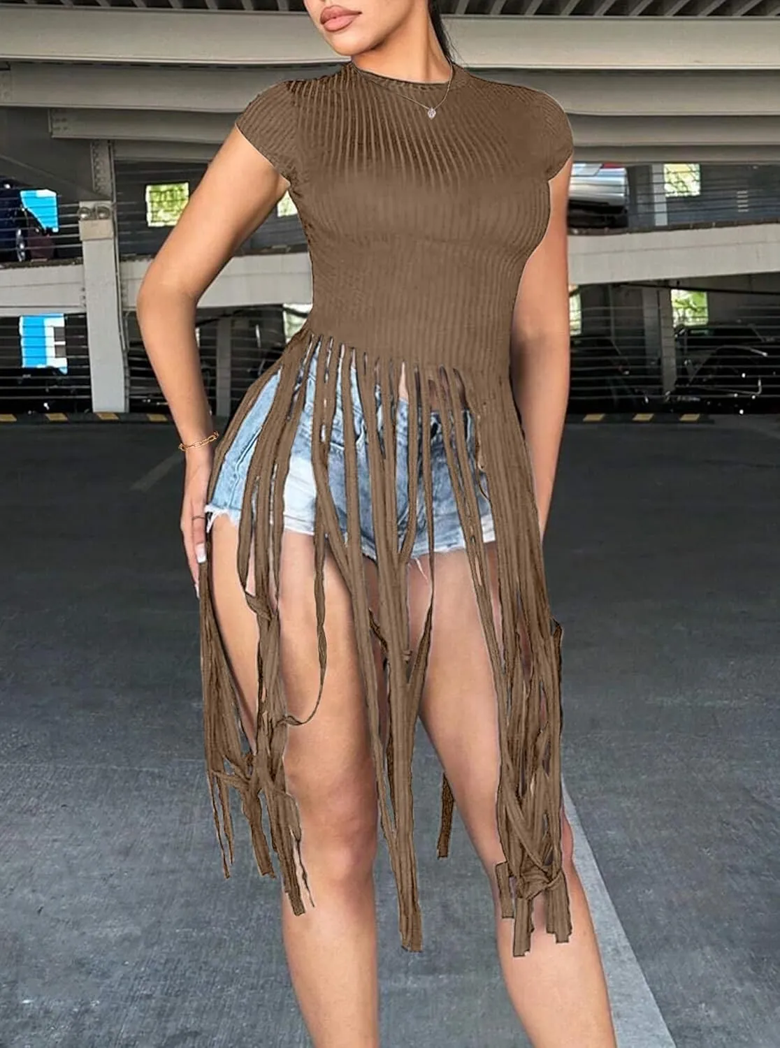 LovelyWholesale Women Sexy Cap Sleeve Fringe Tops Ribbed Knit Short Sleeve T Shirt