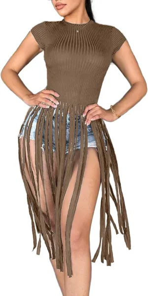 LovelyWholesale Women Sexy Cap Sleeve Fringe Tops Ribbed Knit Short Sleeve T Shirt