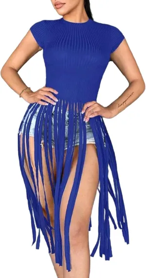 LovelyWholesale Women Sexy Cap Sleeve Fringe Tops Ribbed Knit Short Sleeve T Shirt