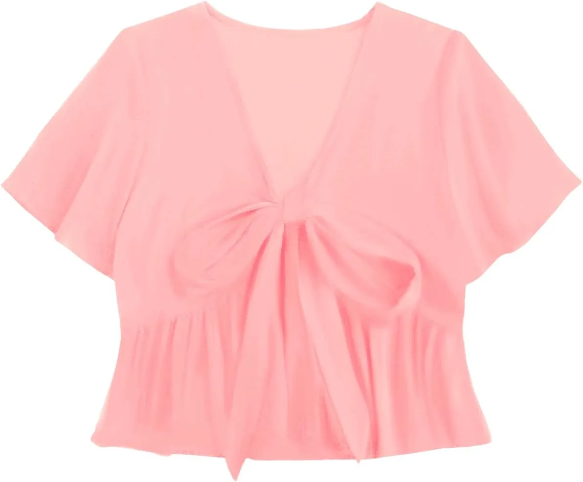 LYANER Women's Floral Print V Neck Tie Knot Ruffle Hem Short Sleeve Blouse Peplum Top