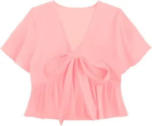 LYANER Women's Floral Print V Neck Tie Knot Ruffle Hem Short Sleeve Blouse Peplum Top